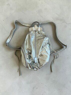 REBECCA MINKOFF Silver Metallic Zip Backpack